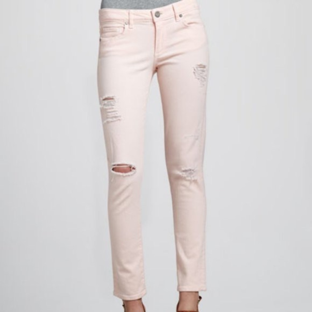 Paige Skyline Ankle Peg Jeans Distressed Pink size 28